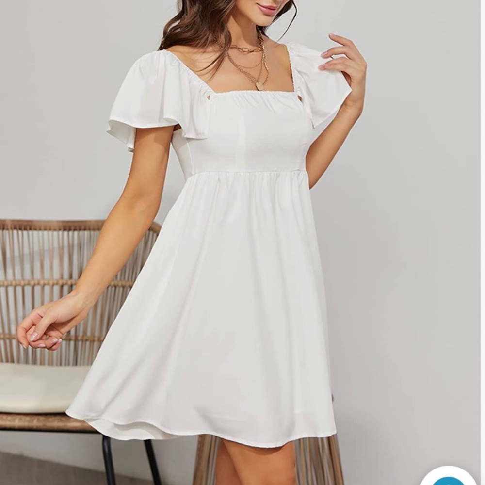 Square Neck Short Cap Sleeve Dress High Waist A-Line Casual Mini Dress Sz L
